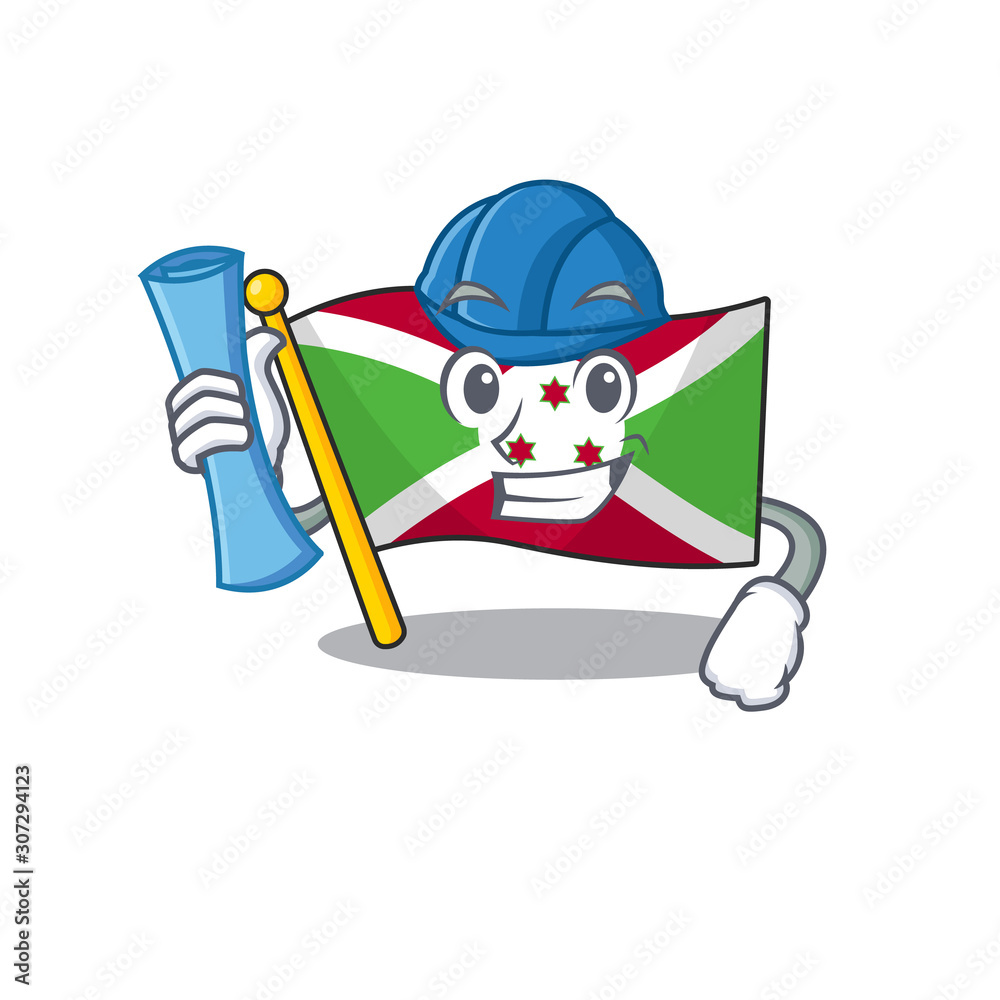 Sticker Cheerful Architect flag burundi cartoon style holding blue prints