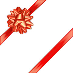 Banner with a shining red bow and a diagonal satin ribbon. In the shape of a gift box of sweets. Isolated on a white background. Stock vector illustration.