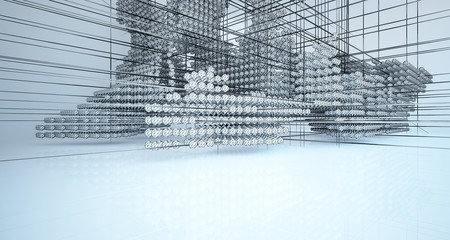 Drawing abstract architectural white interior from an array of spheres with large windows. 3D illustration and rendering.
