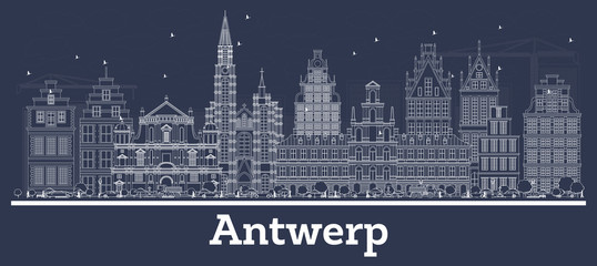 Outline Antwerp Belgium City Skyline with White Buildings.