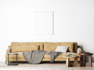  Living Room with cozy big sofa, Mock Up In Modern Interior Background and poster frame