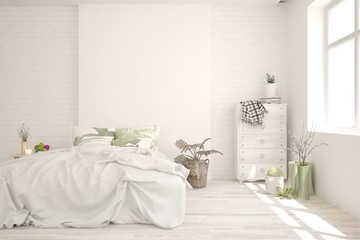 Stylish bedroom in white color. Scandinavian interior design. 3D illustration
