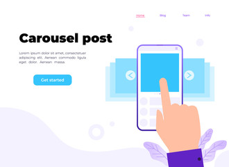 Vector illustration with carousel post. Landing page template with finger touching smartphone screen. Concept illustration of mobile interface
