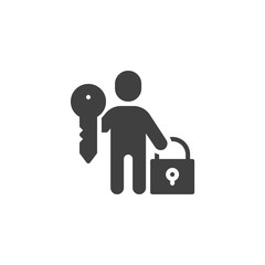 User account security vector icon. Man with lock and key filled flat sign for mobile concept and web design. User profile protection glyph icon. Symbol, logo illustration. Vector graphics