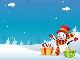 Snowman wearing Hat, Gloves, Scarf with Gift Boxes and Xmas Trees on Blue and White Snowfall Background for Christmas & New Year Celebration.