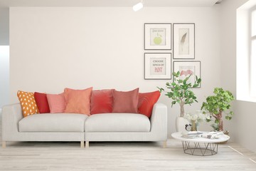 Stylish room in white color with sofa. Scandinavian interior design. 3D illustration