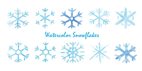Fototapeta na wymiar Watercolor set of snowflakes. Hand painted realistic illustration