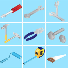 Collection of repairing tools or objects on blue background.