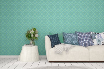 Mock up of colorful room with sofa. Scandinavian interior design. 3D illustration