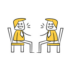 businessman sitting and talking yellow stick figure