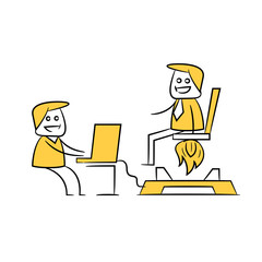 businessman launching rocket man for startup business concept yellow stick figure