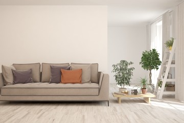 Stylish room in white color with sofa. Scandinavian interior design. 3D illustration