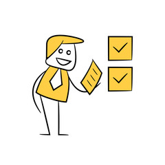 businessman holding document and check marks yellow stick figure