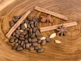 Obraz na płótnie Canvas coffee bean with spices on slab