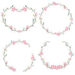 heart and round pink magnolia wreath collection eps10 vectors illustration