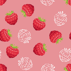 Raspberries seamless pattern on a red background. Vector illustration of ripe berries and white outline in cartoon simple flat style.