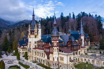 Fototapeta na wymiar Aerial view of the stunning Peles Castle in Transylvania 