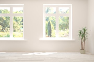 Naklejka na ściany i meble Stylish empty room in white color with summer landscape in window. Scandinavian interior design. 3D illustration