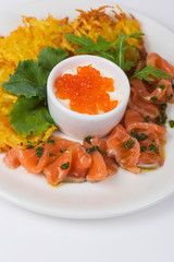 Plate with potato pancakes salmon fish and red caviar