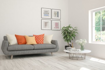 Stylish room in white color with sofa. Scandinavian interior design. 3D illustration