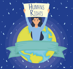 young woman with human rights label and earth planet