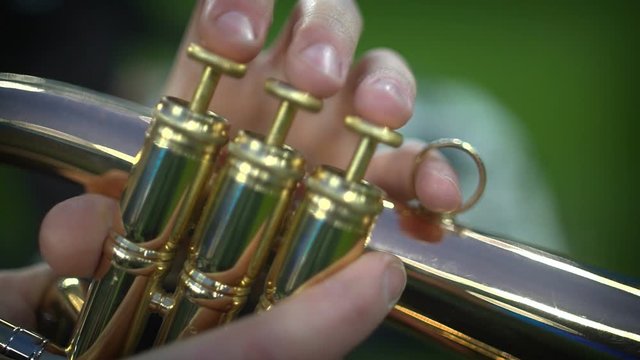 Close-up of the fingers of a musician who plays the trumpet
