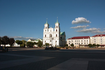 Fototapeta na wymiar Sights and views of Grodno. Belarus..Soviet square. View of the Cathedral of St. Francis Xavier.