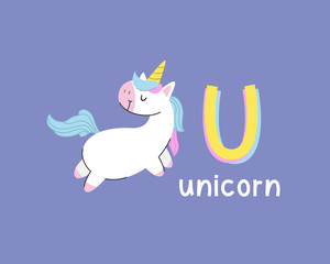 Vector illustration of alphabet letter U and unicorn