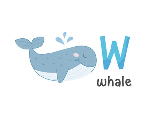 Vector illustration of alphabet letter W and whale