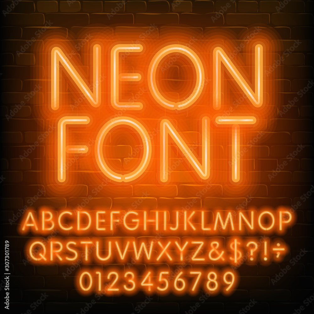 Fototapete neon alphabet font. simple orange neon letters and numbers. brick wall background. stock vector type