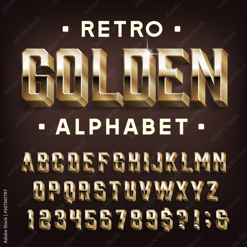 Fototapete retro golden alphabet font. 3d effect letters, numbers and symbols with shadow. stock vector typescr