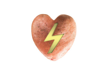 potato in the shape of a heart with the symbol energy in white isolated background