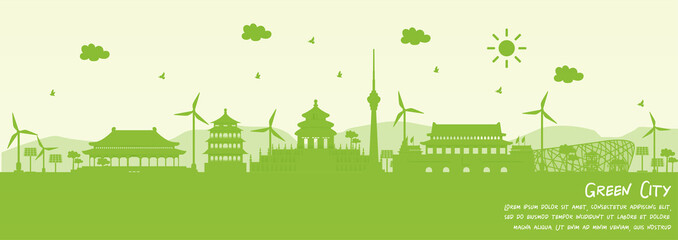 Green city of Beijing, China. Environment and ecology concept. Vector illustration.