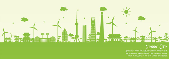 Green city of Shanghai, China. Environment and ecology concept. Vector illustration.