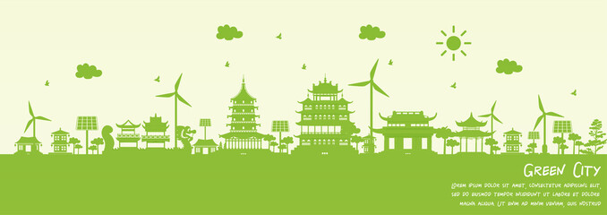 Green city of Hangzhou, China. Environment and ecology concept. Vector illustration.