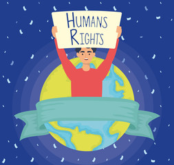 young man with human rights label and world planet