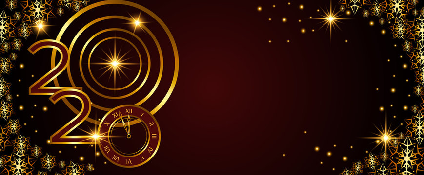 Abstract Golden Banner, 2020 Happy New Year. Clock On New Year S Eve On A Dark Background With Golden Snowflakes. Vector Card.