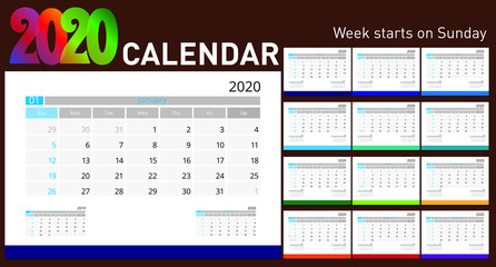 Calendar 2020. Week start Sunday corporate design planner template.