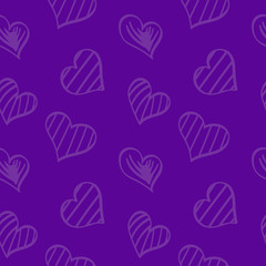 Seamless pattern with hand drawn heart shapes. Romantic purple background. Vector illustration.