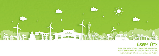 Green city of Kobe, Japan. Environment and ecology concept in paper cut style. Vector illustration.