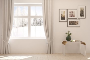 Mock up of empty room in white color with winter landscape in window. Scandinavian interior design. 3D illustration