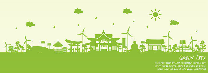 Green city of Fukuoka, China. Environment and ecology concept. Vector illustration.