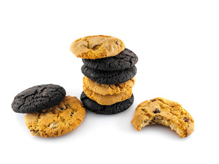 A pile of cookies and one of them is bitten on a white background