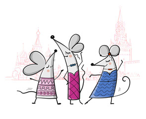 Funny mouses party, cityscape background