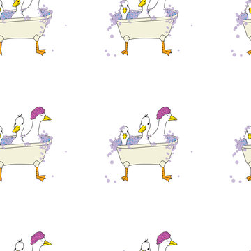 Three ducks in a tub, whimsical, seamless repeat pattern, vector, surface pattern design