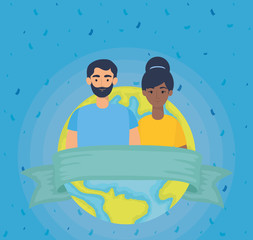 young interracial couple with earth planet