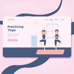 Landing Page Woman Practicing Yoga Indoor Vector illustration
