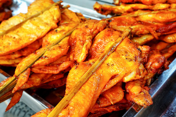Thai street food skewer chicken Grilled chicken thigh ,