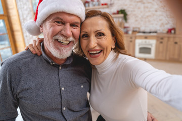 Pleased senior people celebrating Christmas at home