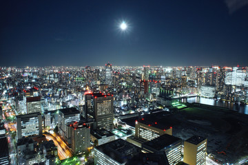 月と大都会の夜景